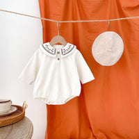 Embroidered Collar Romper Corduroy Long Sleeve Bag Butt Swimsuit