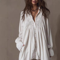Notch-lapel Long-sleeve Flared-sleeve Button-front Mid-length Shirt