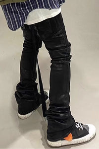 Leather Pants Men's Slim Jeans With Pleated Accumulation