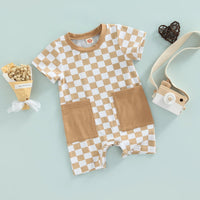 Chessboard Plaid Color Matching Pocket Short Romper