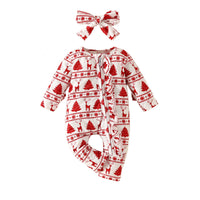 Christmas Deer Pine Printed Long-sleeved Long-leg Romper