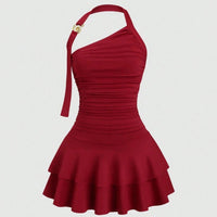 One-Shoulder Halterneck Slimming Waist-Cinching Pleated Skirt Pure And Alluring Versatile Off-Shoulder Dress