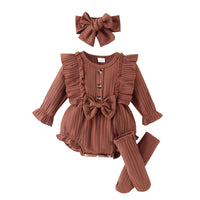 Girls Fashion Simple Sunken Stripe Long Sleeve Bowknot Siamese Triangle Romper With Long Socks