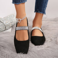 Women's Rhinestone Square-toe Shallow-mouth Suede Flat Shoes