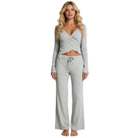 Deep-V Strap Long-sleeve Pants Pajama Set