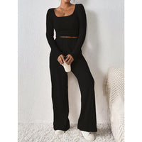 European And American-style Knitted Ribbed Wide-leg Pants Set For Women