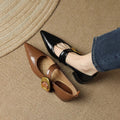 French Style Pointed Toe Shallow Mouth Low Heel Buckle Leather Shoes