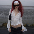 Sexy Deep V Slim Fit Midriff-baring Lace Long-sleeved Lace Top