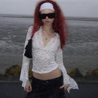 Sexy Deep V Slim Fit Midriff-baring Lace Long-sleeved Lace Top