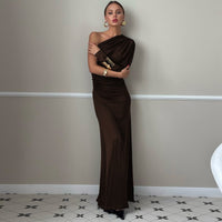 Fashionable Chic Asymmetrical Off-Shoulder One-Sleeve Pleated Maxi Dress