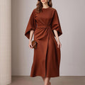 Fashionable Casual Everyday Commuter Solid-color Crew-neck Lace-up Dress