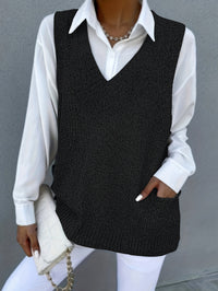 Women's Loose V-neck Double Pocket Knitted Sleeveless Sweater Waistcoat