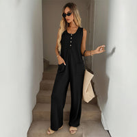 Womens Solid-Color Casual All-Match Jumpsuit