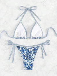 Blue And White Porcelain Printed Exercise Bikini Open Back Swimsuit Suit
