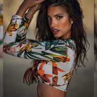 Deep V Neck Zip Long Sleeve High Waist Floral Split Bikini Swimsuit