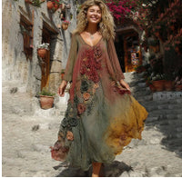 Womens V-Neck Creatively Printed Mid-Length Fairy-Like Dress