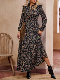 European And American-style Floral Print Long-sleeve Maxi Dress