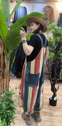 Vintage Stripe Suspender Pants Women's Loose Cotton Denim Jumpsuit