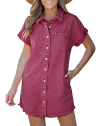 Womens Short-Sleeve Denim Shirt Dress Denim Button-Up Casual Style