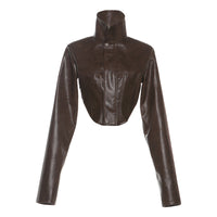 Solid-color High-neck Cropped Leather Jacket