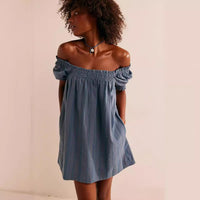 Solid-color Short-sleeve Loose-fit Pleated Square-neck Cotton Dress