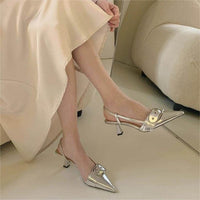 Niche French Style Silver High Heels, Closed Toe Slingback Sandals, Elegant Pointed Toe Flats, 2026 Spring&Summer New Arrival Fairy Style Women's Shoes