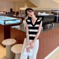 Womens French Retro Striped V-Neck Sleeveless Knitted Vest Top