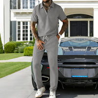 Mens Casual Corduroy Short-Sleeve Polo And Pants Set