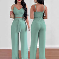 Sexy Backless Halter V-Neck Short Tank Top With Drawstring High-Waist Straight-Leg Pants