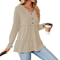 Women's Solid-color V-neck Button-panel Loose Long-sleeve Top