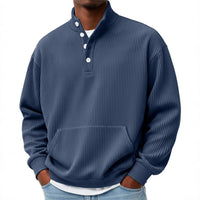 Mens Solid-Color Turtleneck Casual Long-Sleeve Polo Sweatshirt With Pockets For Men Spring Autumn Clothing Loose Button Polo Collar Tees Tops Man Outwear