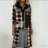 Womens Crew-Neck Pocketed Fashionable Elegant Contrast-Piece Joint Dress