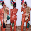 Sexy Shrug Sleeves Lace-up Top Flared Pants Pu Leather Suit