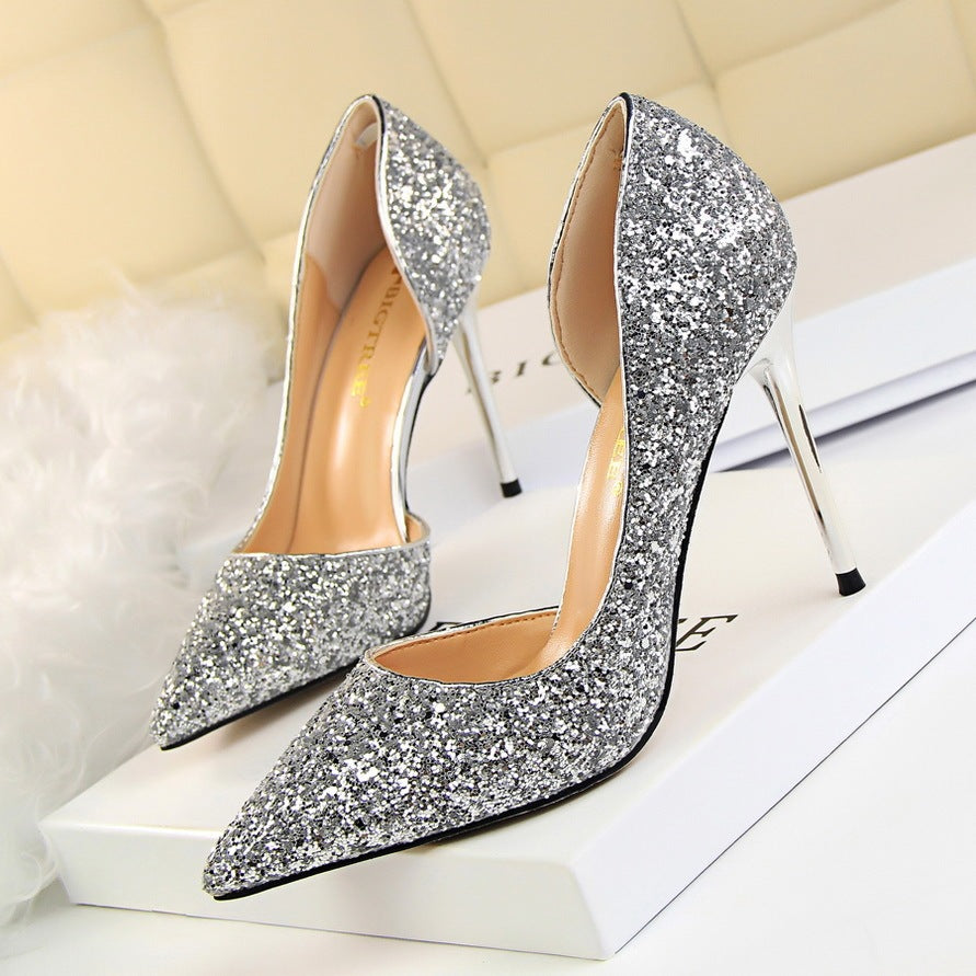 Skinny Women's Shoes Stiletto Heel Shallow Mouth Pointed Side Hollow-out Sequin