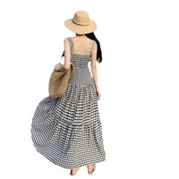 Neck-hanging Strap Summer Blue Plaid Seaside Vacation Beach Maxi Dress