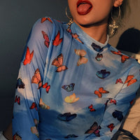 Women's Mesh Hollow-Out Butterfly Print Long-Sleeve Base Shirt