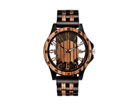 Engraved Walnut Wood Leather-Strap Quartz Watch