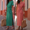 SpringSummer New Womens Wear Short-Sleeve Crew-Neck Solid-Color Elegant Casual Resort Long Dress