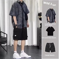 Summer Hong Kong Style Short Sleeve Shirt Coat Shorts Three-piece Suit