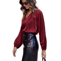 Womens Loose V-neck Top With Lantern Sleeves