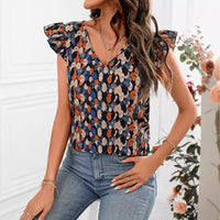 New European And American-style Printed V-neck Short-sleeve Womens Top