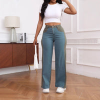Womens Slim-Fit Wide-Leg Stretch Denim Pants With Panel Design