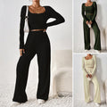 European And American-style Knitted Ribbed Wide-leg Pants Set For Women