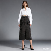 Personalized Trendy Skirt Womens High-Waisted Long Patchwork Denim Skirt With Multiple Pockets
