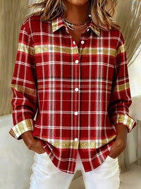 Womens Plaid Loose-Fit Retro Long-Sleeve Shirt Top