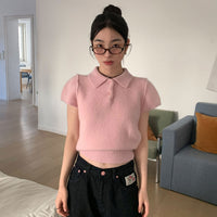 Youthful Polo-neck Two-button Short-sleeve Knit Sweater
