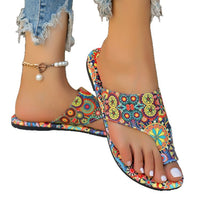 Flat-Heeled Printed Toe-Strap Roman Style Sandals