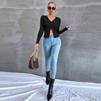 Casual Commuting Long Sleeve Slim Fit Cropped Split Neck Women's T-Shirt