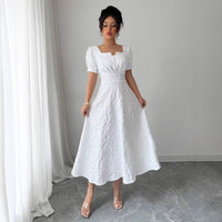 Elegant Jacquard Solid Color Puff Sleeve Square Neck Dress For Women