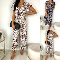 New V-Neck Sleeveless Ruffle Print Jumpsuit